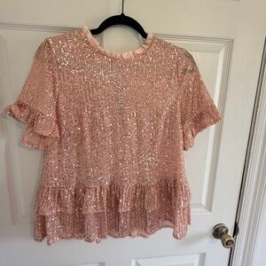 Andrée by Unit Pink Sequin Ruffle Top Women’s M Boutique Party Blouse NWT